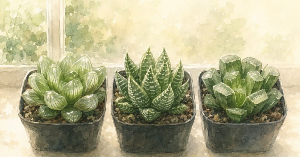 窓のちがう三株のハオルチアを窓辺に並べた水彩イラスト