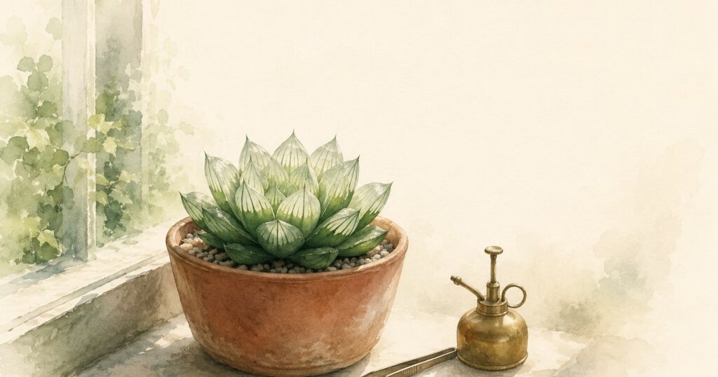 窓辺の鉢植えハオルチアと真鍮のミスター・ピンセットを描いた水彩イラスト