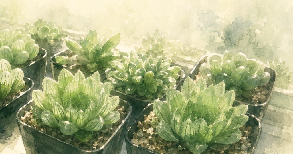 スリット鉢に植えたハオルチアが日の差す棚に並ぶ手描き水彩イラスト(品種は特定しない・増やし方の記事アイキャッチ)