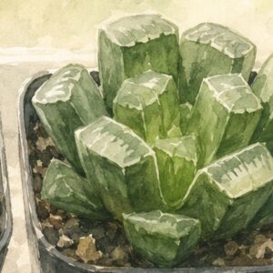 平らに切れた葉先が上を向く截形のハオルチアを描いた水彩イラスト